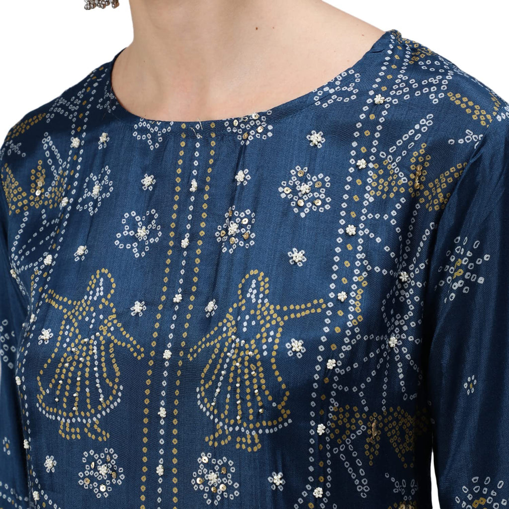 Ishin Women'S Silk Blend Embroidered Beads And Stones Teal Bandhani Print Straight Kurta Suit Set With Dupatta & Trouser