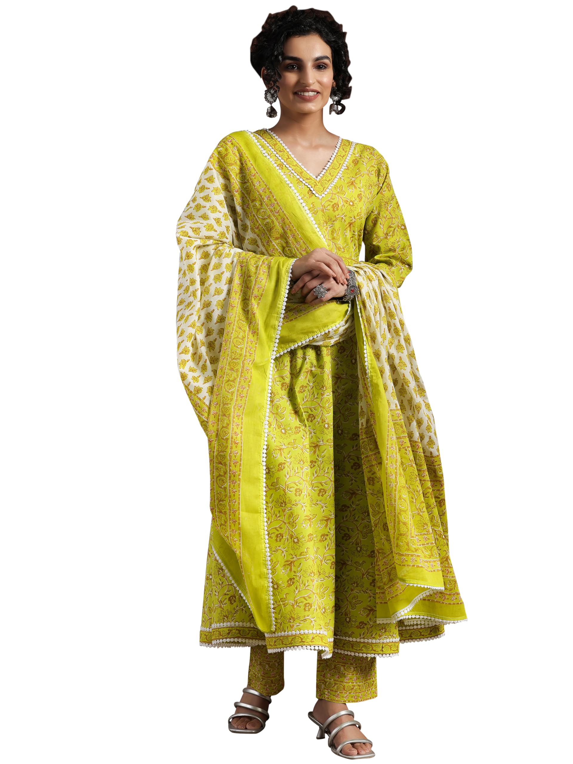 Libas Green Printed Cotton A-Line Kurta With Trousers & Dupatta