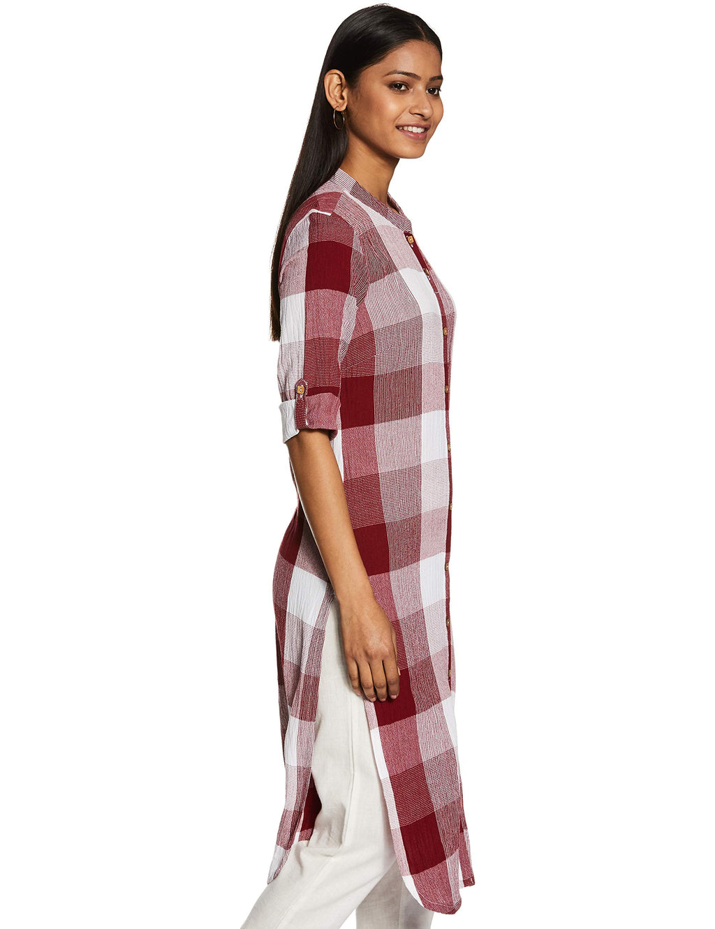 Aurelia Womens Mandarin Collar Check Shirt Kurta