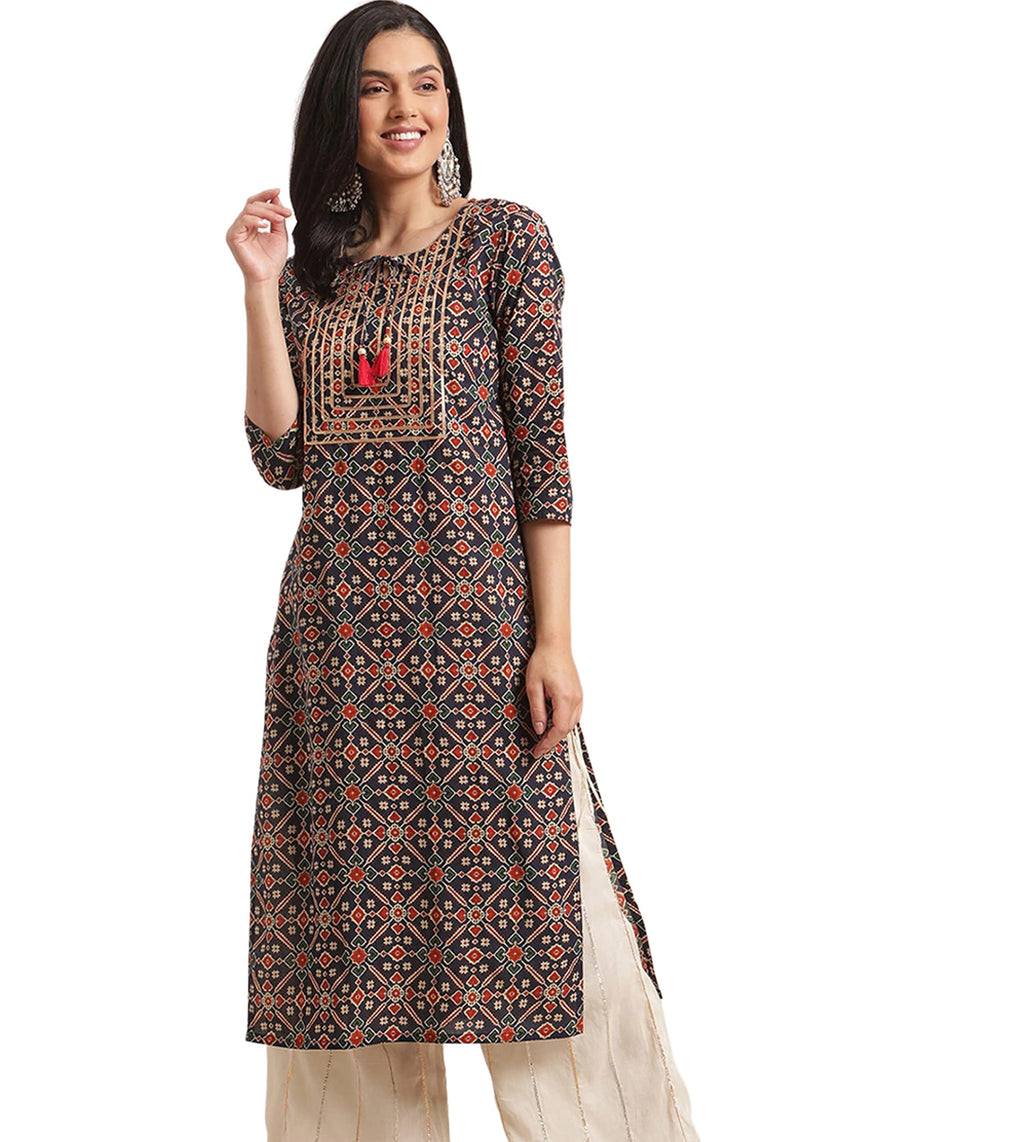 rytras Womens Cotton Printed Straight Kurta(RYT310_Blue_Medium)