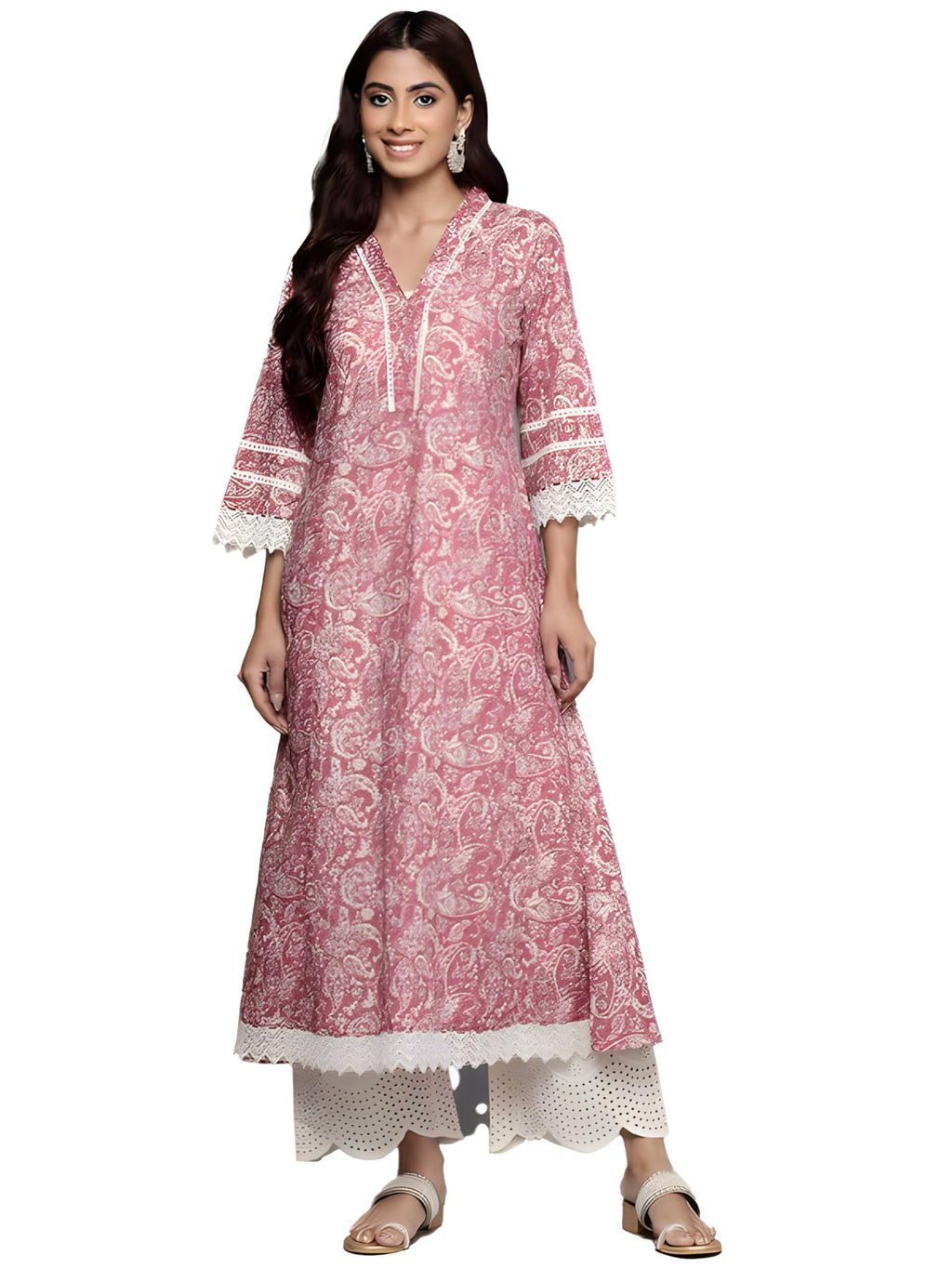 Varanga WomenS Peach Paisley Printed A-Line Kurta With Lace Embellishment, V-Neck, 3/4 Sleeves, Casual & Festive Ethnic Wear For