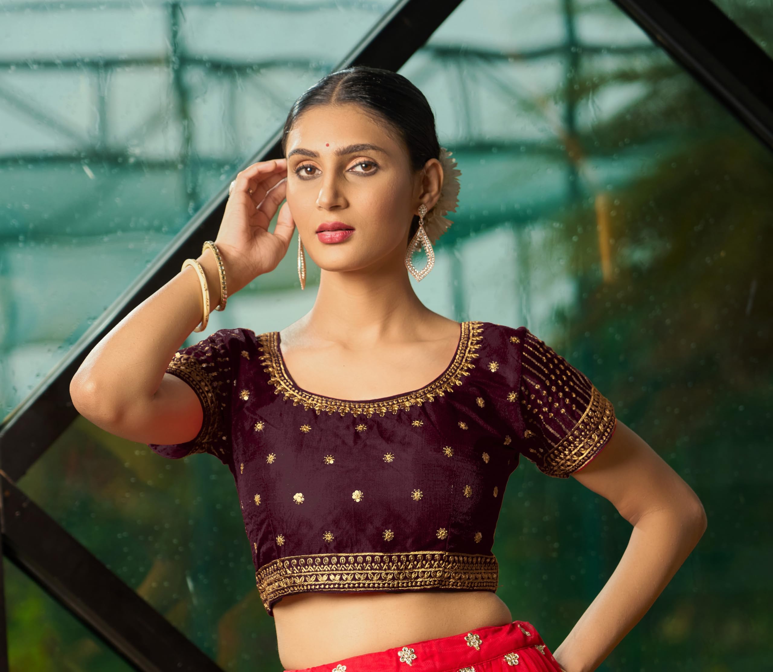 Pujia Mills WomenS Maroon Readymade Blouse Embroidery Multi Coding Gold Thread Indian Ethnic Designer Blouse Stitched WomenS R