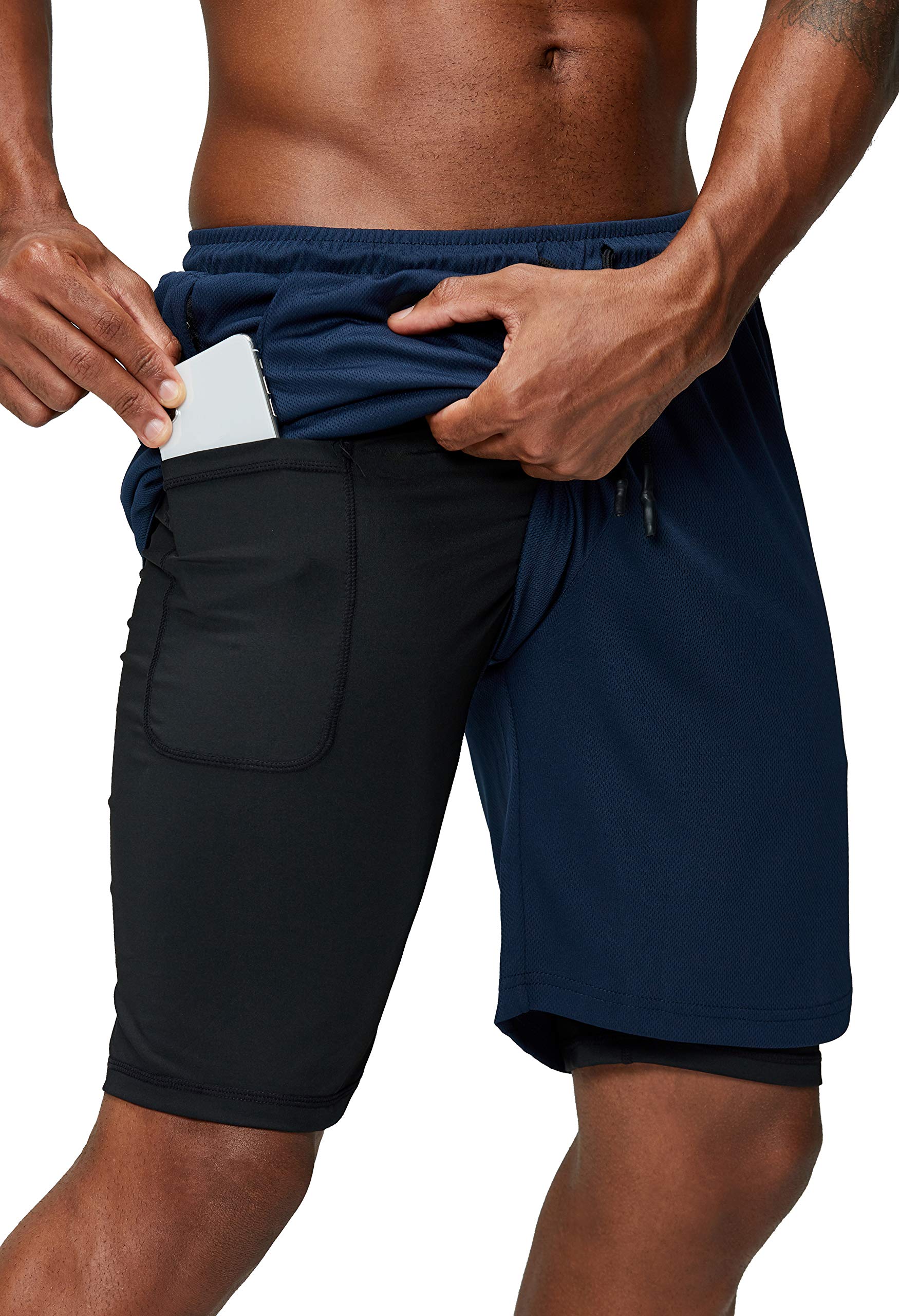 Pinkbomb Men's 2 in 1 Running Shorts Gym Workout Quick Dry Mens Shorts with Phone Pocket (Navy Blue, XX-Large)