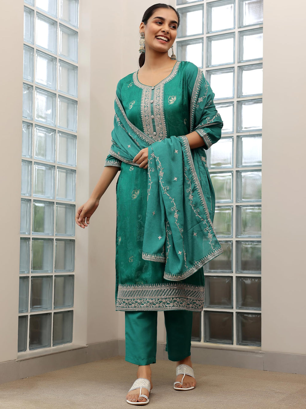 Libas Womens Woven Design Silk Blend Straight Kurta With Palazzos And Dupatta