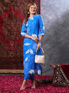 ANNI DESIGNER Women s Rayon Blend Kurta with Pants, Blue, Small