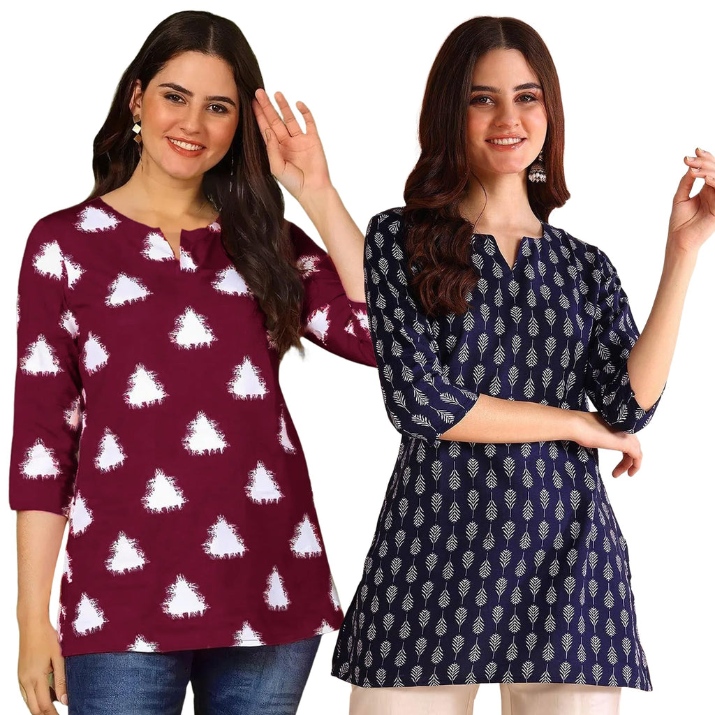 Pinkmint Womens Printed Cotton Blend Short Kurti with 3/4th Sleeve & Notch Neck l Casual & Office Wear Tunic Shirt Kurti