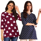 Pinkmint Womens Printed Cotton Blend Short Kurti with 3/4th Sleeve & Notch Neck l Casual & Office Wear Tunic Shirt Kurti