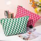 SOIDRAM 2 Pieces Makeup Bag Large Checkered Cosmetic Bag Capacity Canvas Travel Toiletry Bag Organizer Cute Makeup Brushes Aesth