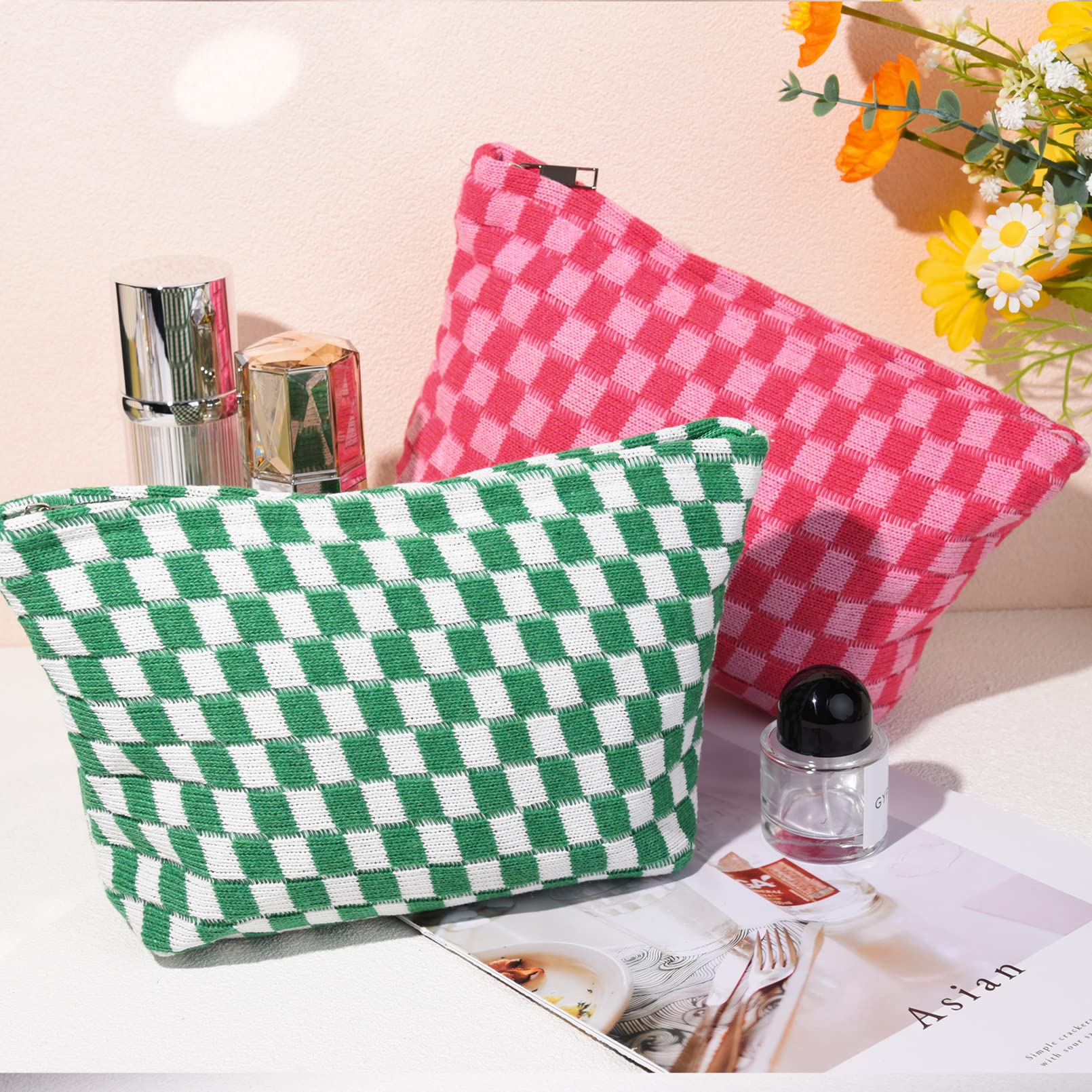 SOIDRAM 2 Pieces Makeup Bag Large Checkered Cosmetic Bag Capacity Canvas Travel Toiletry Bag Organizer Cute Makeup Brushes Aesth