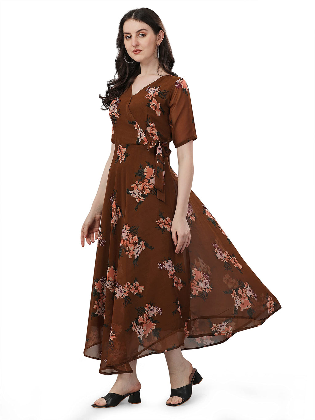 Trillmixa WomenS Georgette Midi Dress With Floral Printed Pattern Long Sleeves Knee Length V Neck A Line Style And Regular Fit