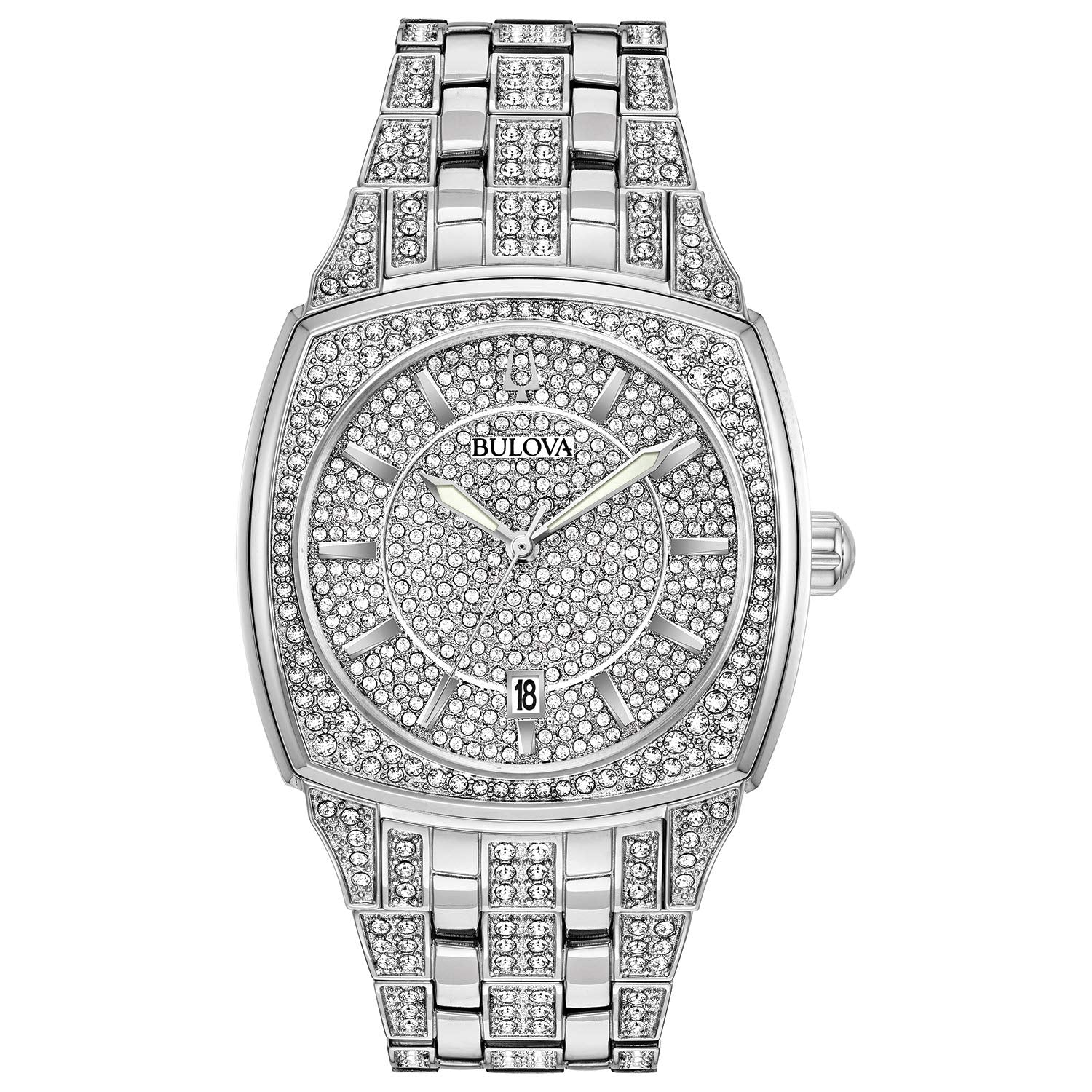 Bulova Men's Crystals Phantom Stainless Steel 3-Hand Quartz Watch, Cushion Shape Dial and Curved Mineral Crystal Style: 96B296