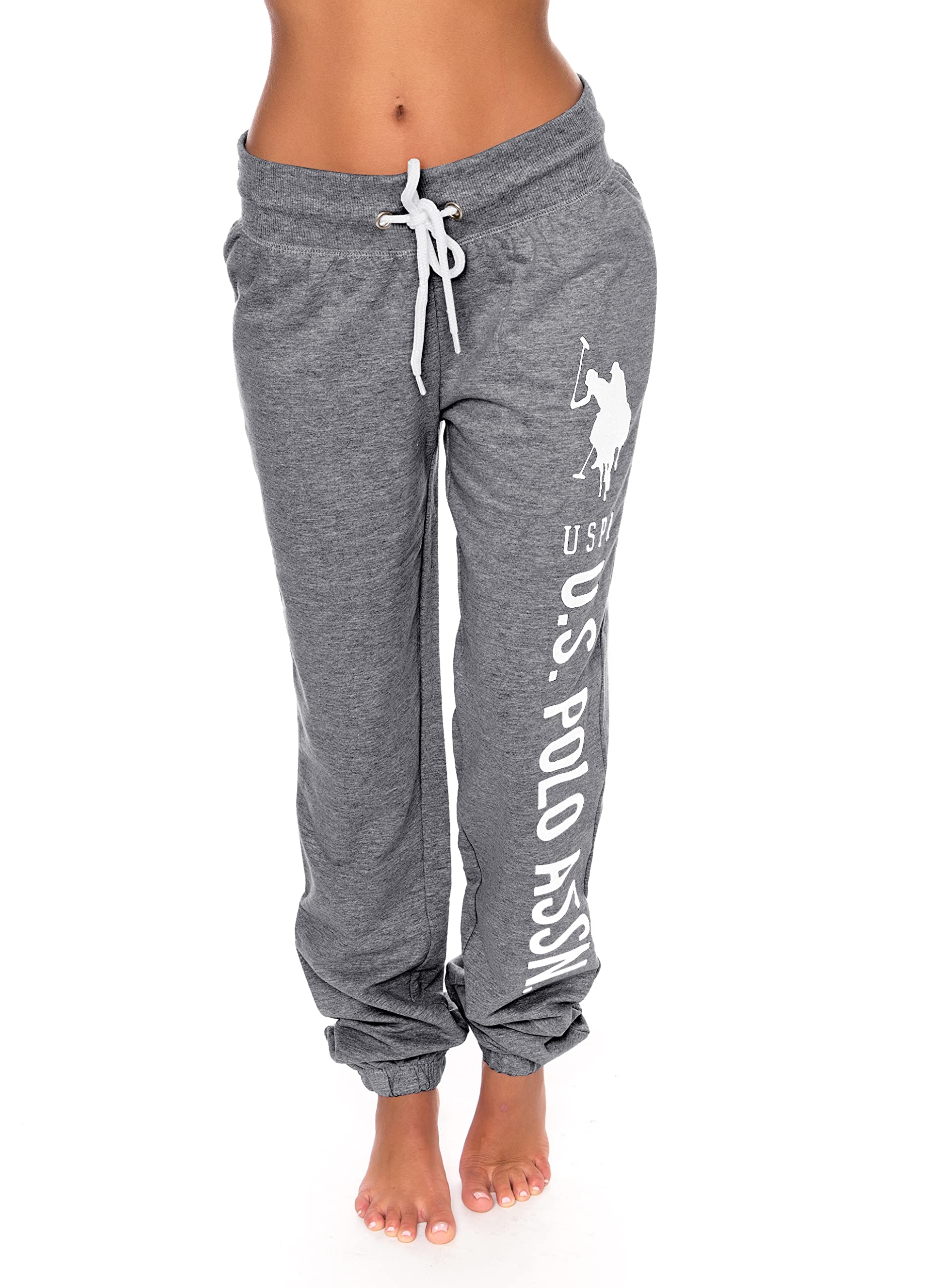 U.S. Polo Assn. Essentials Womens Sweatpants Joggers - Lounge Pants for Women (Charcoal Heather with White Print, Medium)