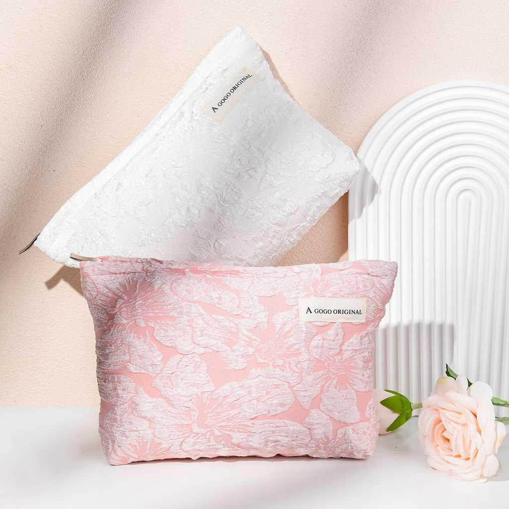 SOIDRAM 2 Pieces Flower Makeup Bag Large Floral Cosmetic Bag Capacity Canvas Travel Toiletry Bag Organizer Cute Makeup Brushes A