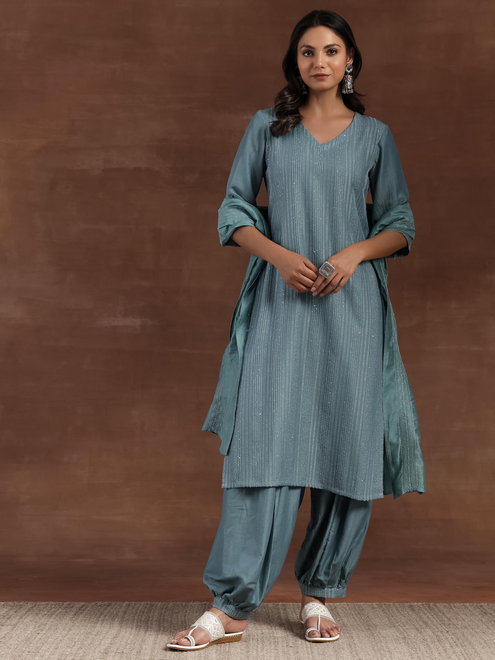 Libas Womens Self Design Silk Blend Straight Kurta With Salwar And Dupatta