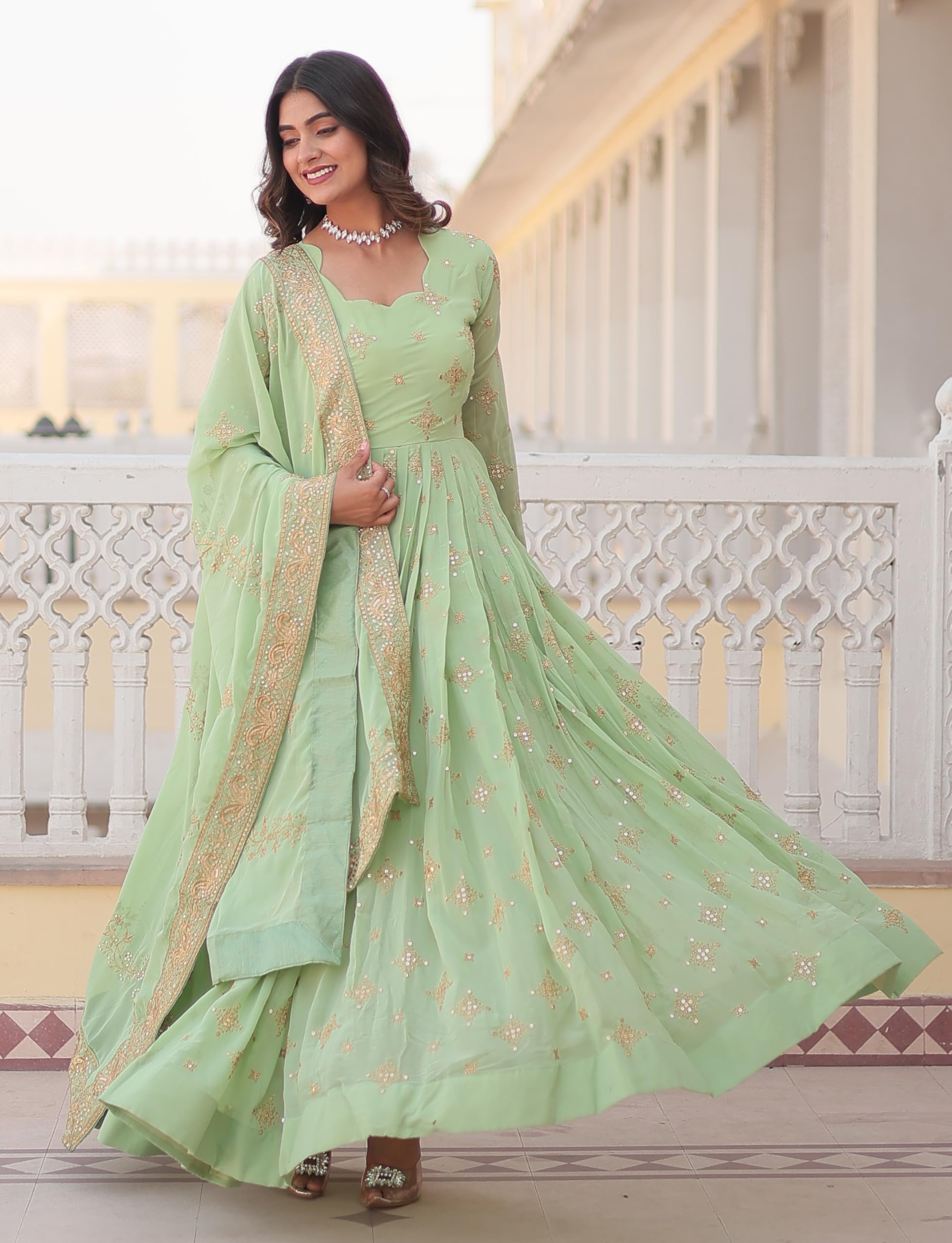 Fashion Basket Havy Georgette Embroidered Anarkali Dress For Women Green