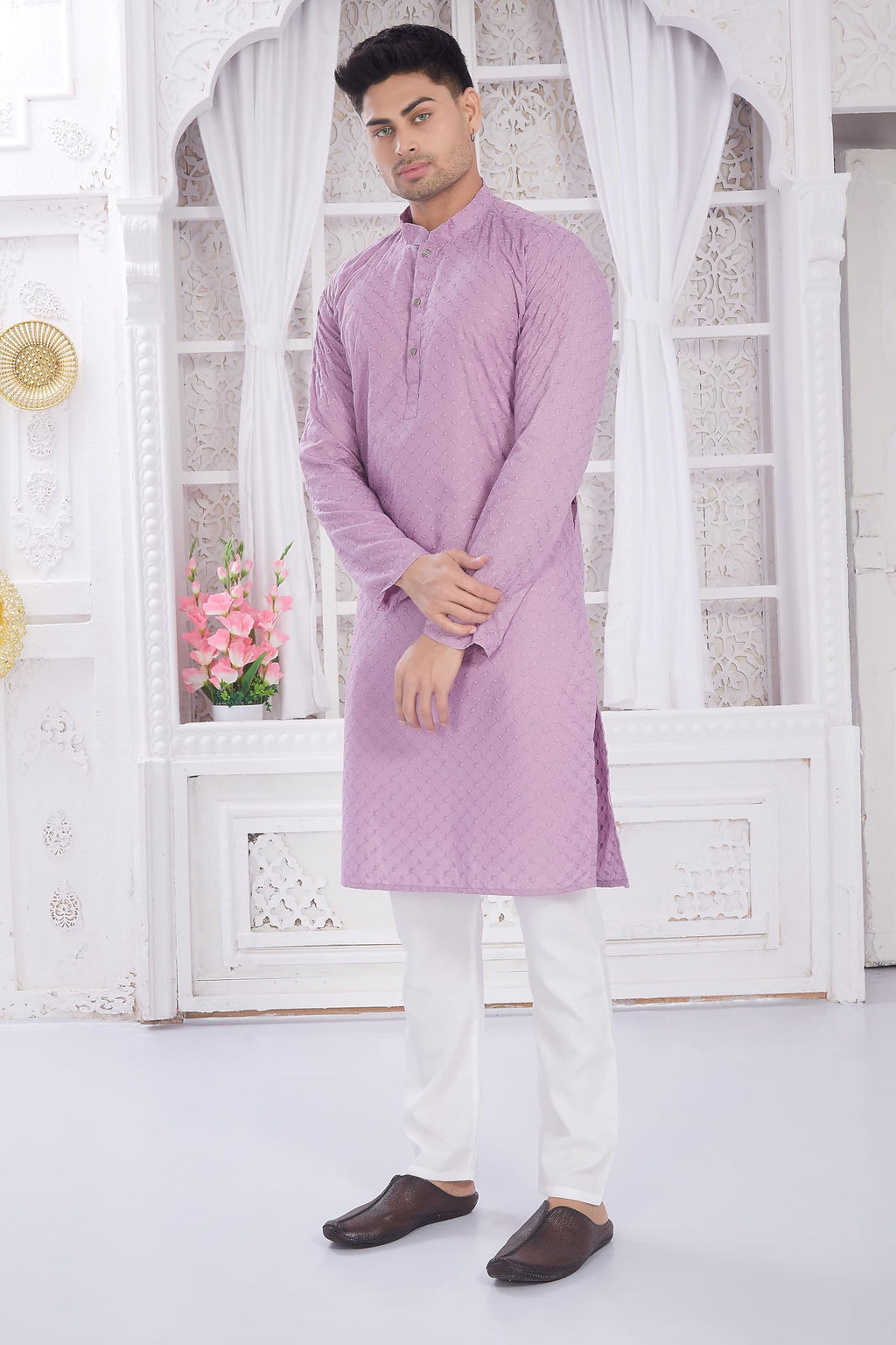 Divisive MenS Thread Embroidered Cotton Only Slim Fit Kurta (Dkrt636_M_Lavender)