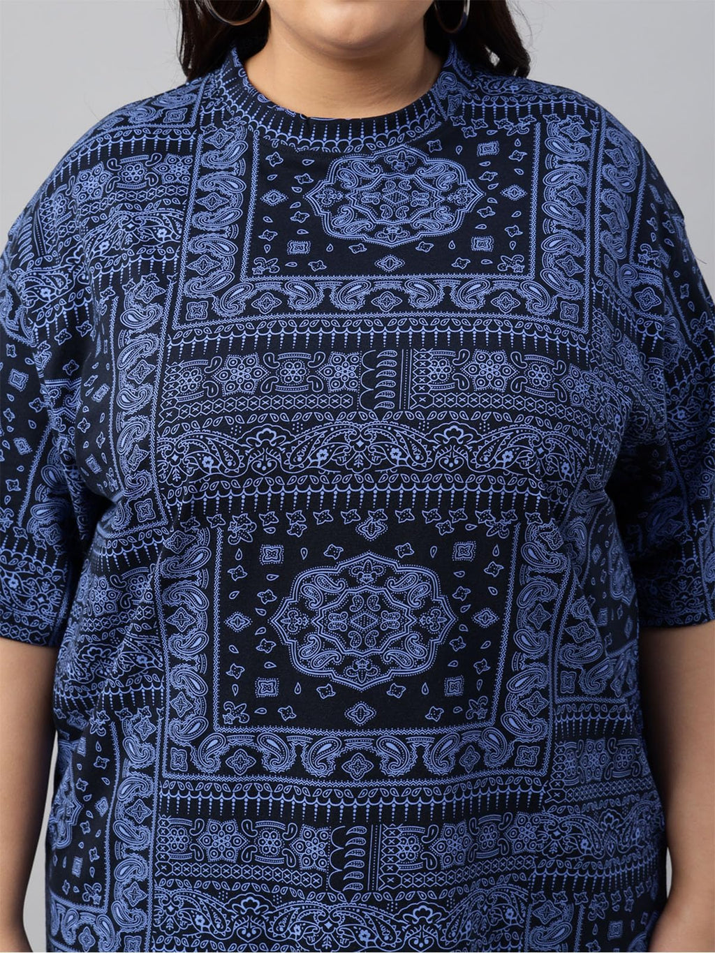 Juneberry 100% Pure Cotton Oversized Baggy Fit Stylish Paisley Bandana Print Half Sleeve Plus Size T-Shirt For Women & Girls (Jb