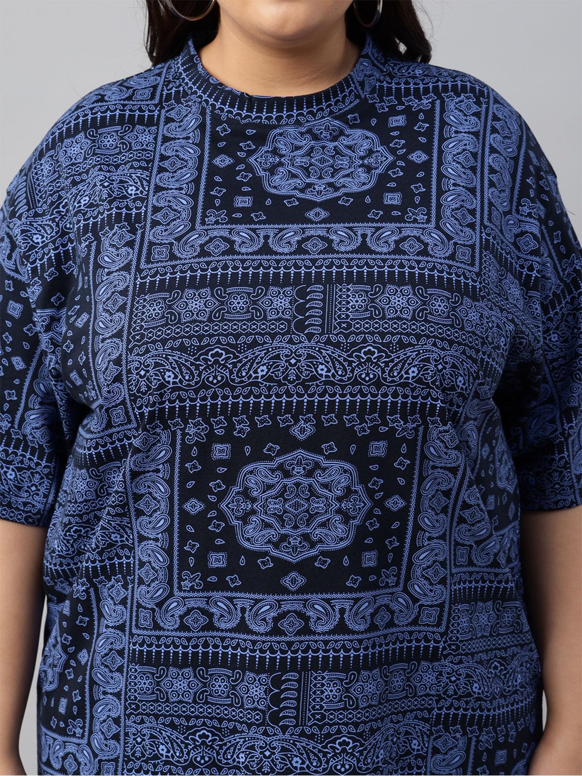 Juneberry 100% Pure Cotton Oversized Baggy Fit Stylish Paisley Bandana Print Half Sleeve Plus Size T-Shirt For Women & Girls (Jb