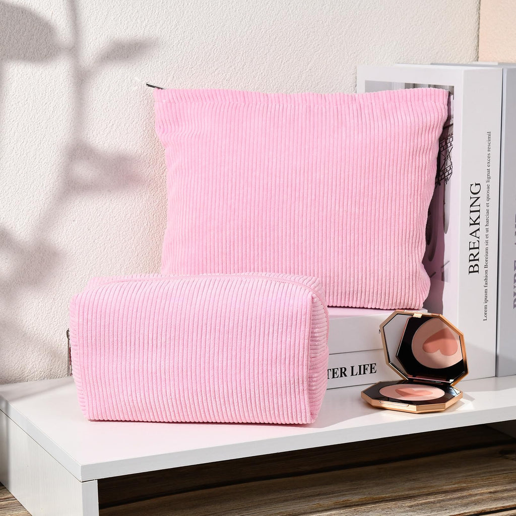 SOIDRAM 2 Pieces Makeup Bag Large Corduroy Cosmetic Bag Capacity Canvas Mix Travel Toiletry Bag Organizer Cute Makeup Brushes Ae