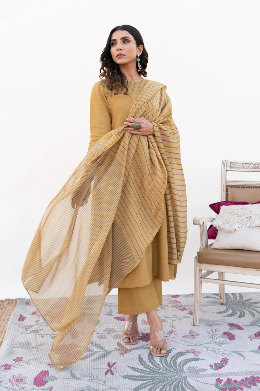 ANNI DESIGNER Women s Rayon Viscose Print Straight Kurta with Pants & Dupatta, Yellow, L