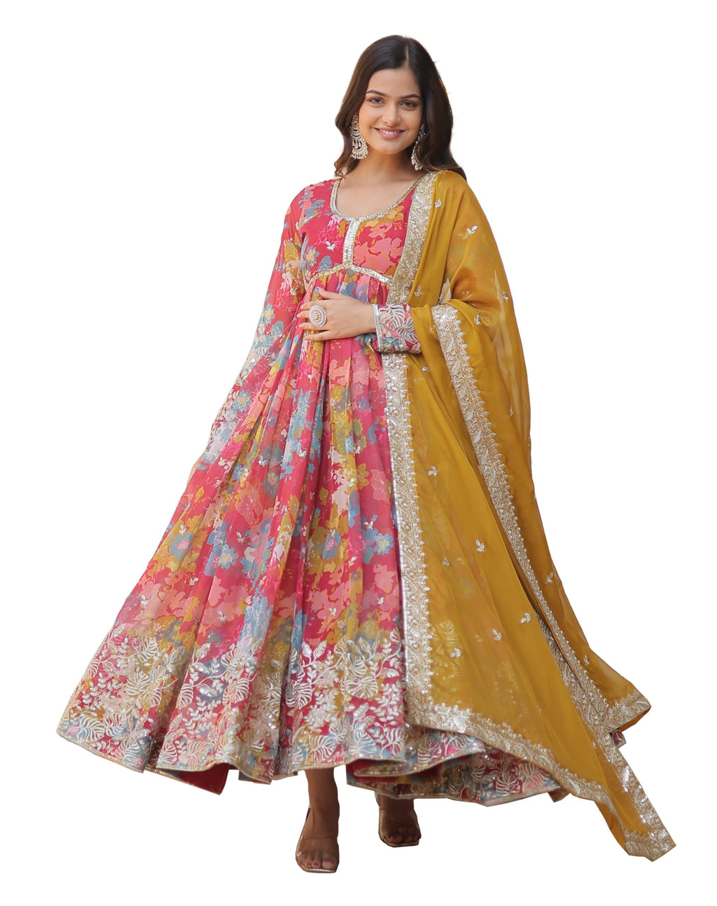 Fashion Basket Womens Pink Georgette Anarkali Kurta Set (XX-Large, Pink)