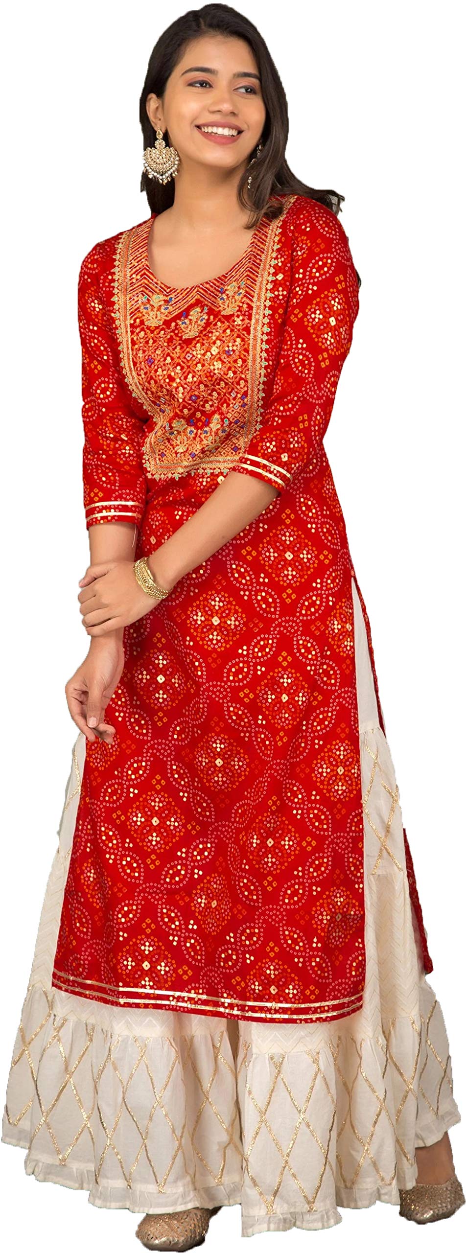 ANNI DESIGNER Womens Red Color Embroidery Bhandhani Kurta & Gold Printed Sharara