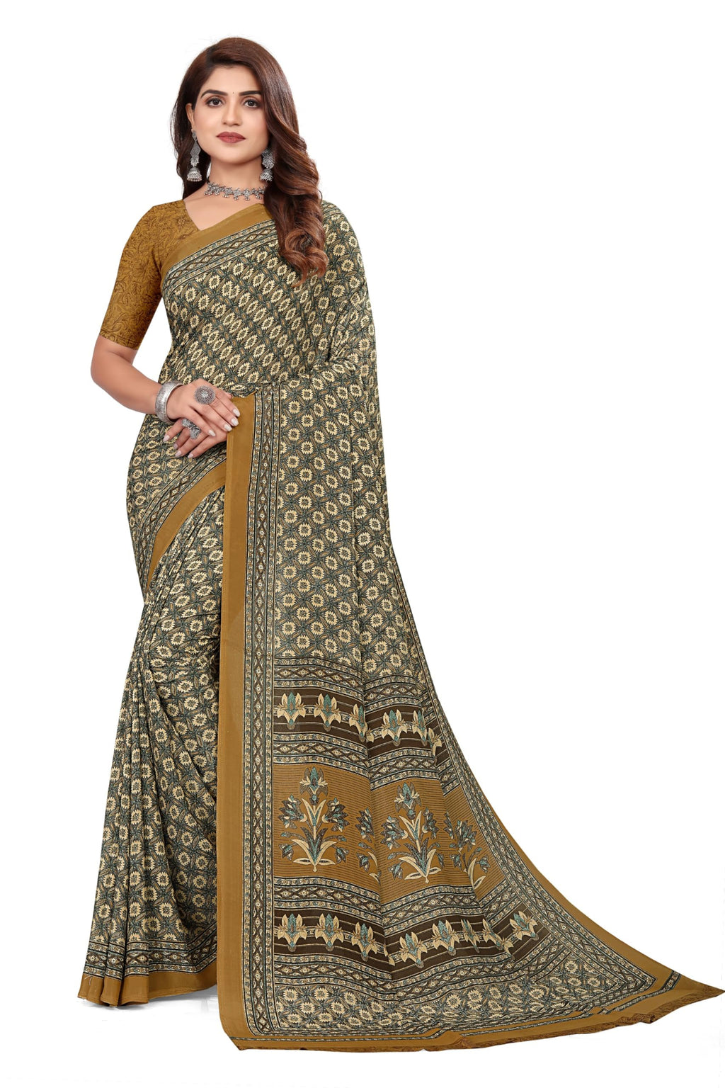 Vimla WomenS Mysore Crepe Silk Uniform Saree With Printed 6 Yard Length And Unstitched Blouse Piece Office Wear Saree