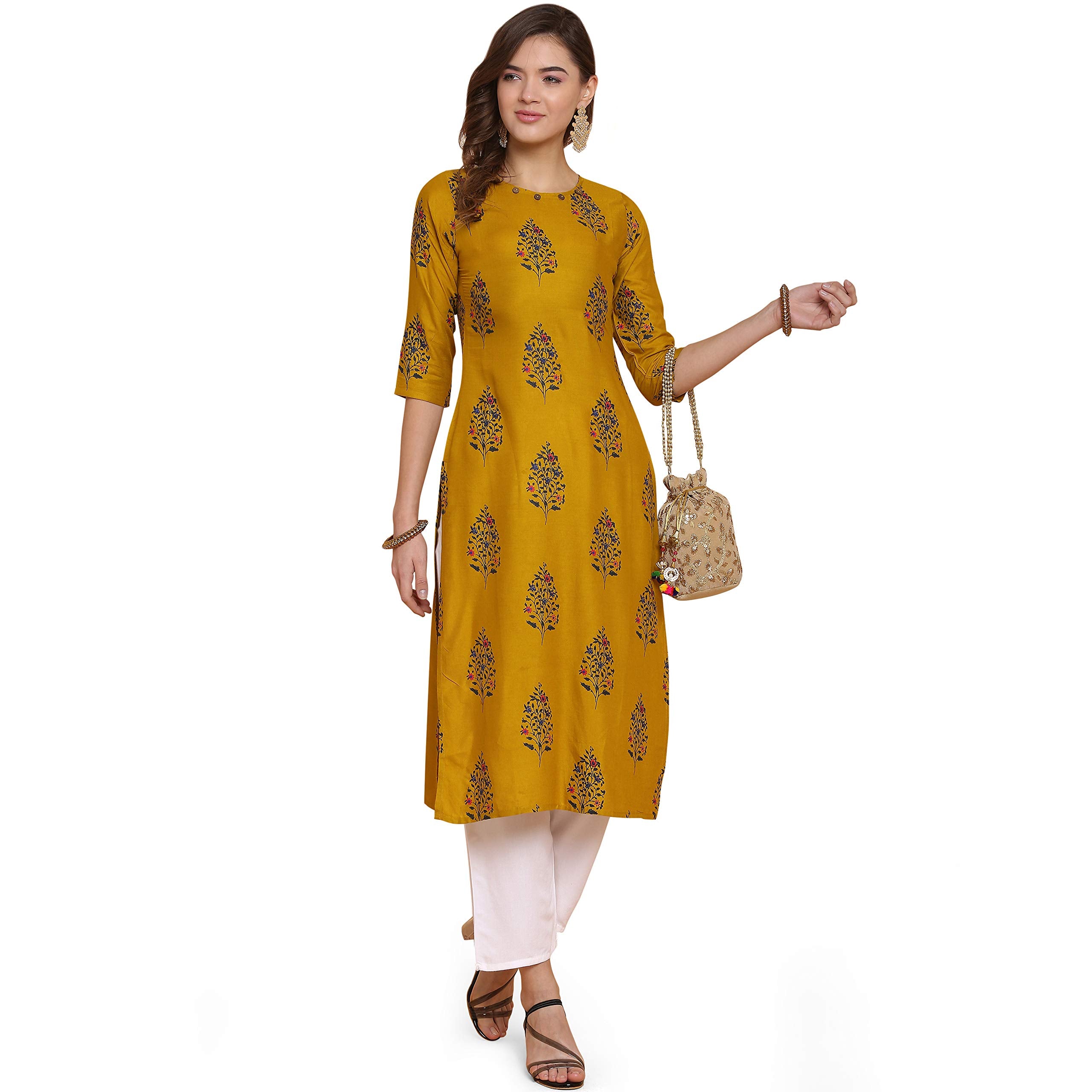 ANNI DESIGNER Women's Rayon Straight Kurta (Yellow,XXL)