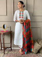 Naixa WomenS Off White Viscose Embroidered Straight Kurta With Viscose Pant And Silk Blend Printed Dupatta Sets (Nx-488-Offwhit