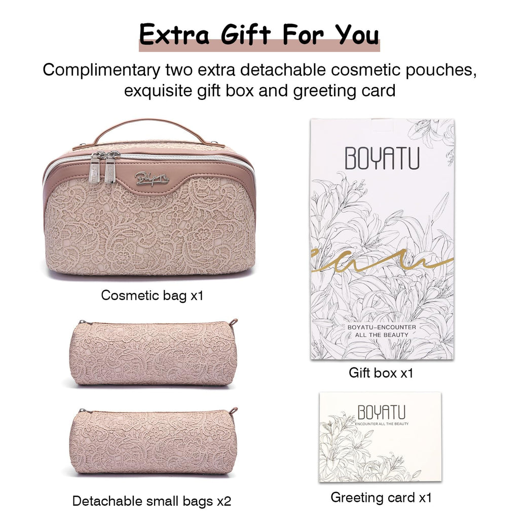 BOYATU Travel Makeup Bag for Women: Large Cosmetic Bag Set of 3 - Vegan Leather Make up Bag with Compartments - Compact Waterpro