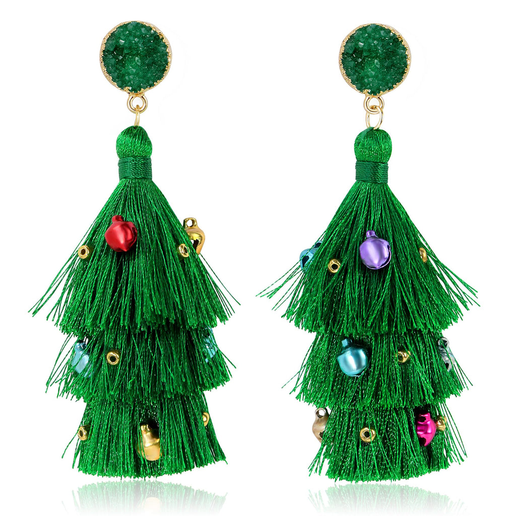 Me&Hz Cute Christmas Tree Earrings Dangle Drop Green Tassel Earrings Jingle Bell Ornament Christmas Earrings for Women Holiday E