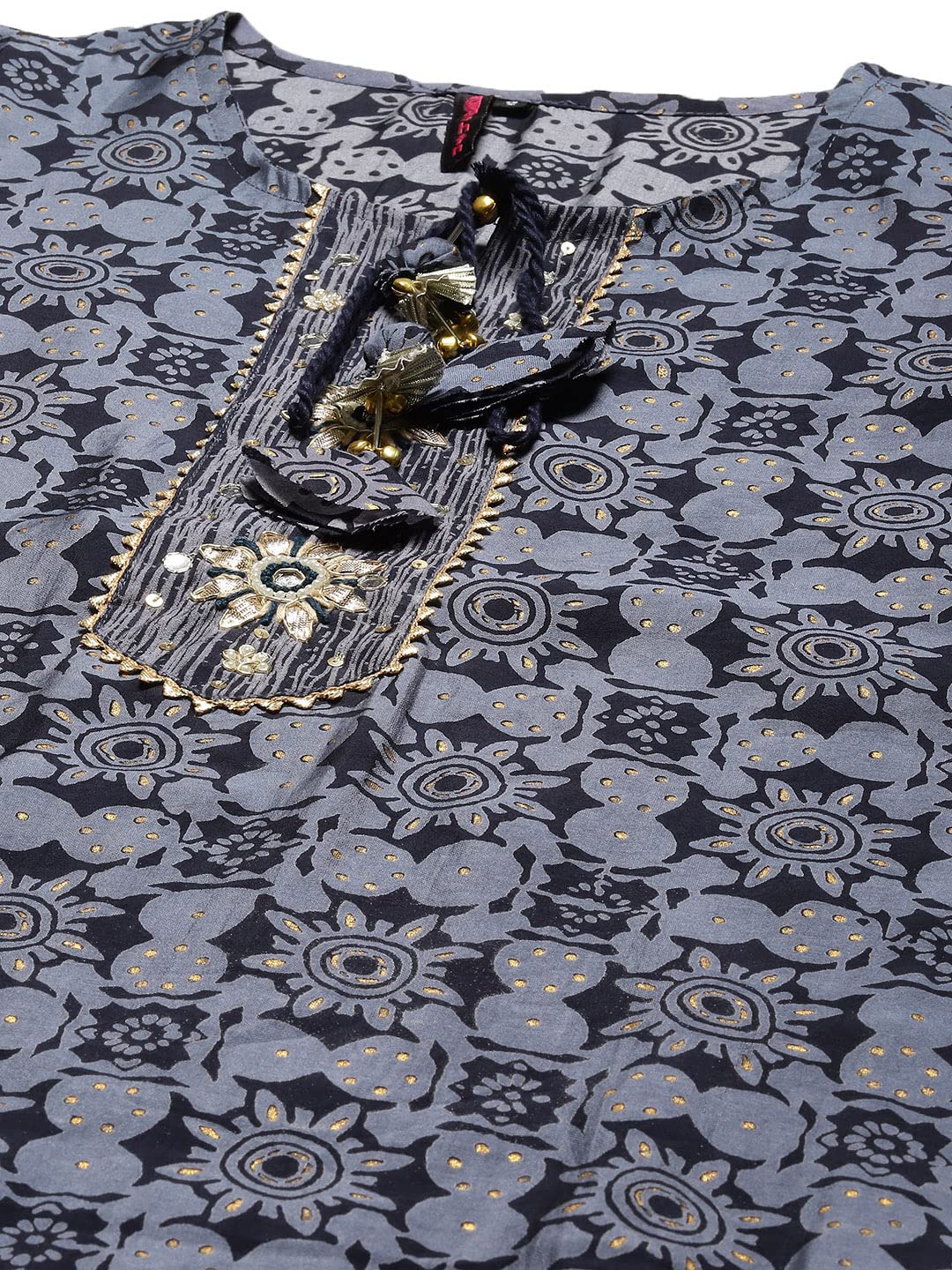 Ishin Women'S Silk Blend Navy Blue Embroidered & Gotta Patti A-Line Kurta Suit Set With Dupatta & Pant