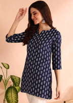 Aayla Floral Print Poly Rayon Short Kurti  A Touch Of Royalty In Everyday & Office Wear Blue