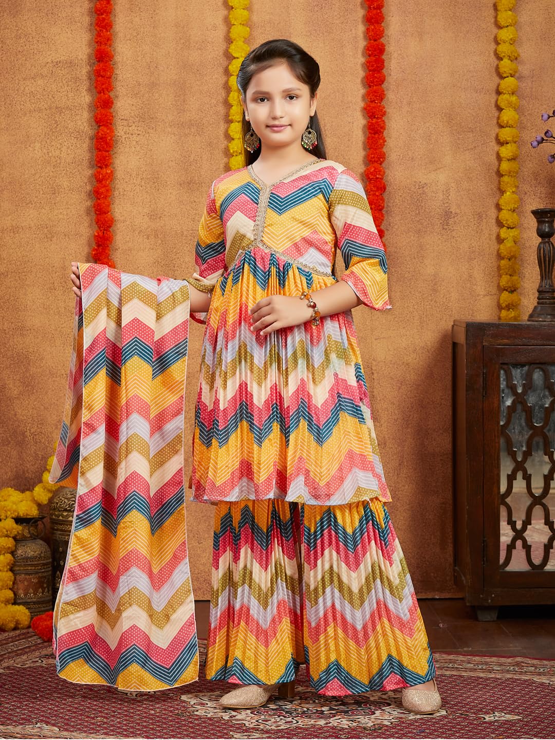 Aarika Girls Ethnic Wear Yellow Colour Bandhani Print With Lace Work Silk Kurti Sharara Set (6-13 Years)