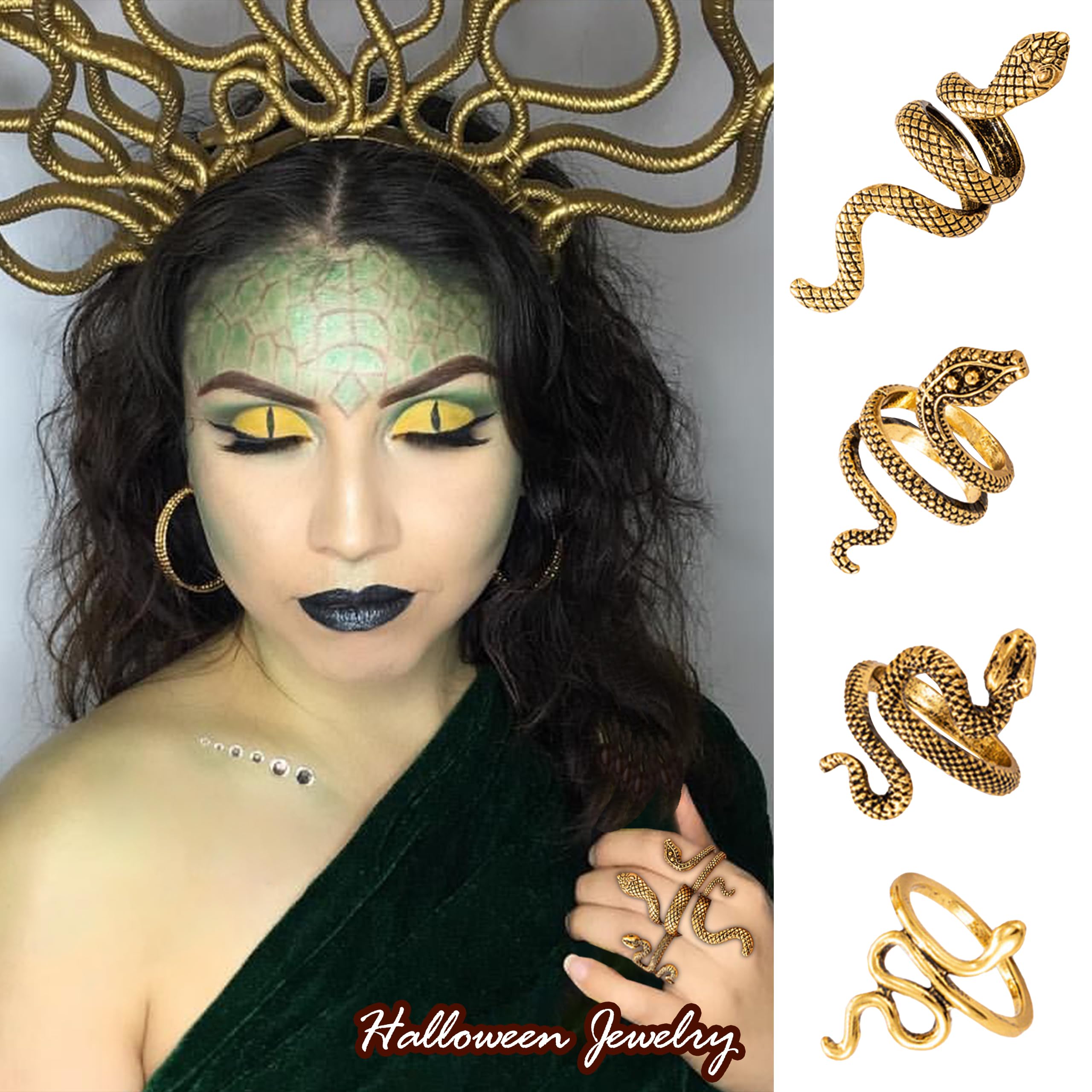 Frodete Snake Stackable Rings for Women Snake Jewelry Set Adjustable Vintage Reptile Serpent Rings Punk Goth Knuckle Rings Hallo