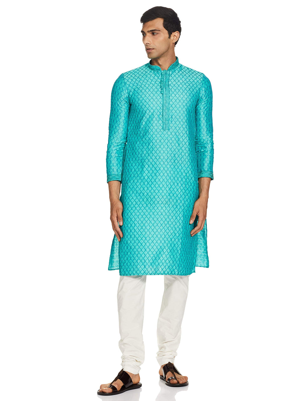 Manyavar MenS Silk Self Designed Regular Kurta And Churidar Set (S952642-327_Light Green_L)