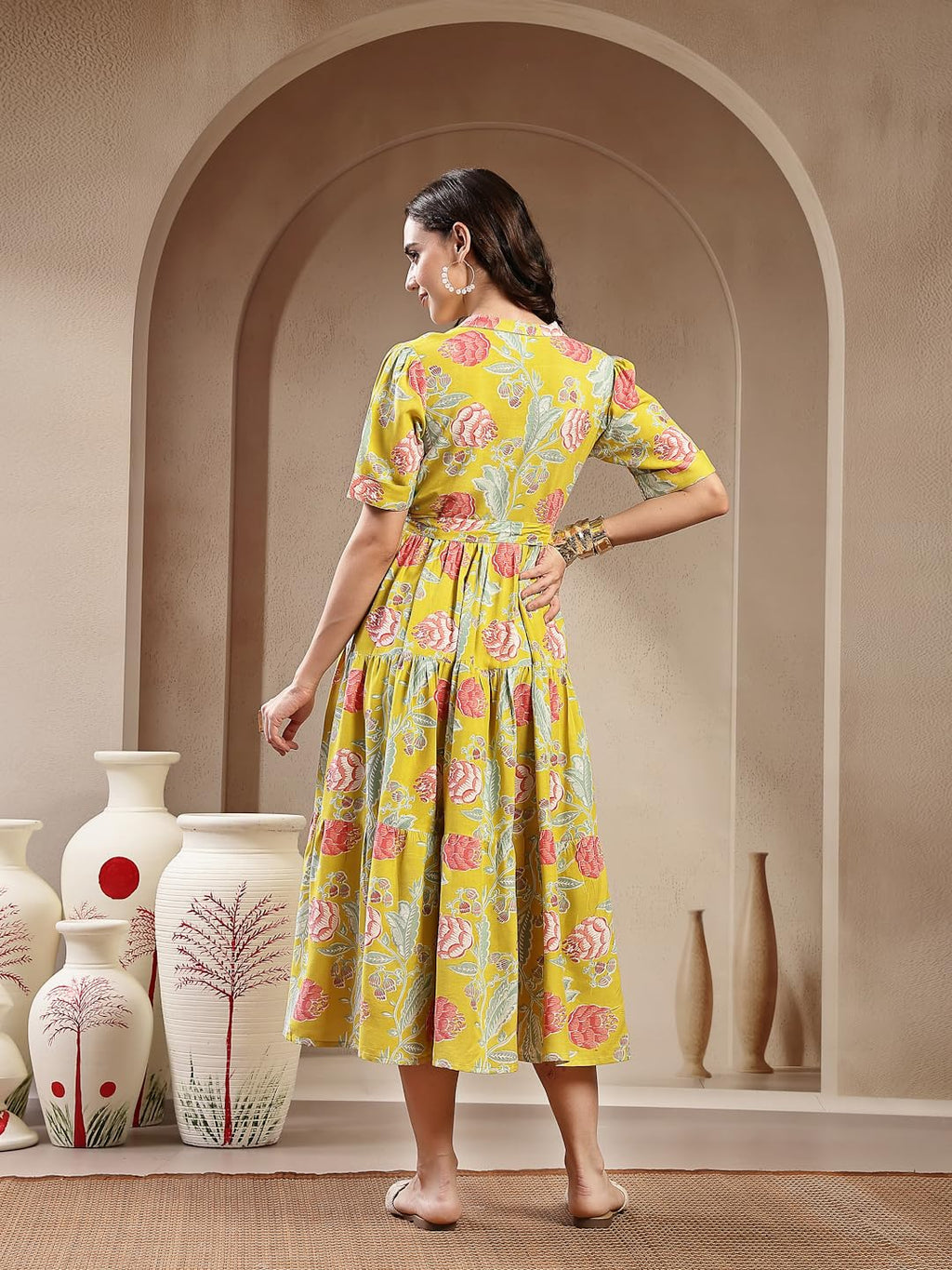 Stylum Womens Yellow Floral Printed Rayon Tiered Dress