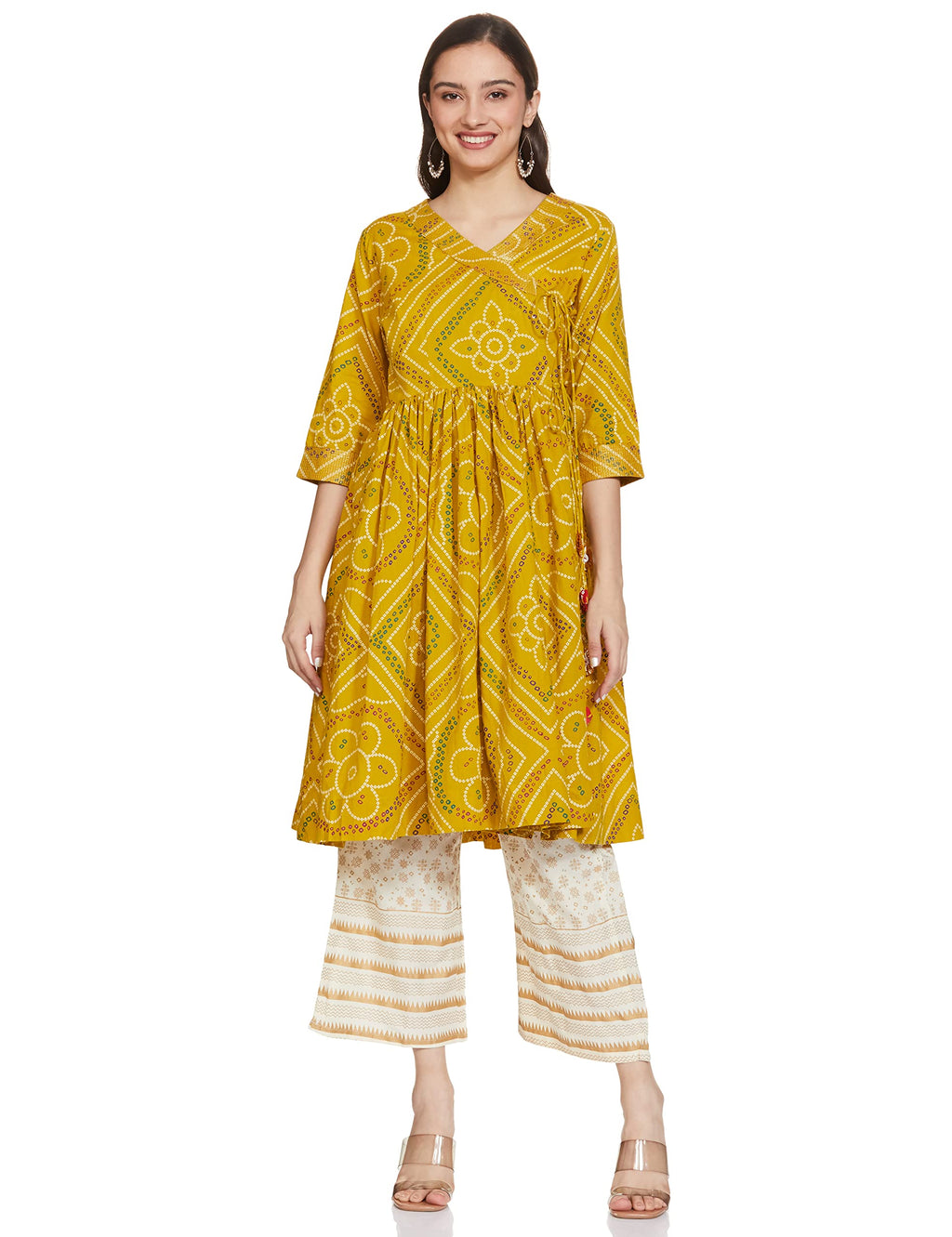 Anubhutee Women'S Rayon Mustard Yellow Gota Patti Work Bandhani Printed Anarkali Kurta Suit Set With Palazzo