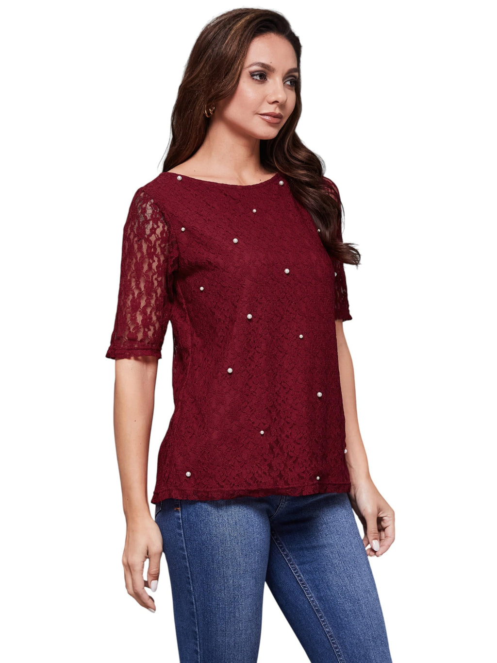 Miss Chase Womens Round Neck Half Sleeves Cotton Lace and Pearl Detailing Top (MCAW25DEN63-03-805-03, Burnt Maroon, S)