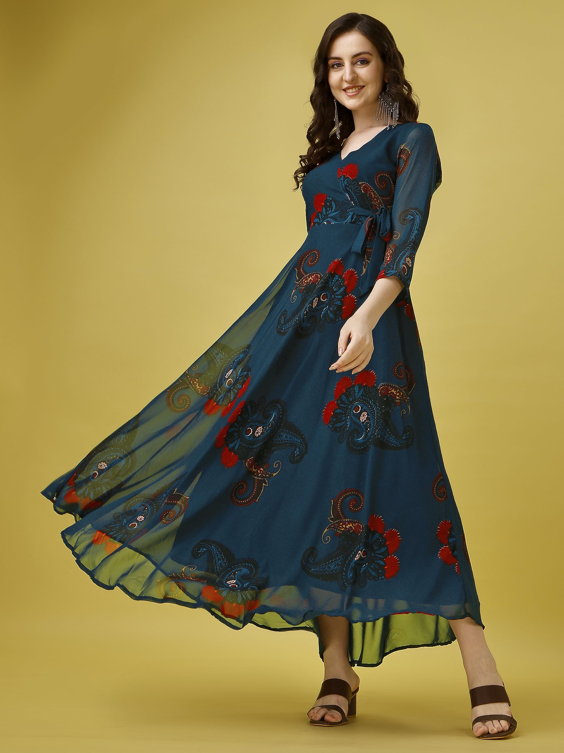 Fashion2Wear WomenS Georgette Casual Floral Digital Print V-Neck 3/4 Sleeve Knee-Length Fit & Flare Long Maxi Gown Dress For Gi