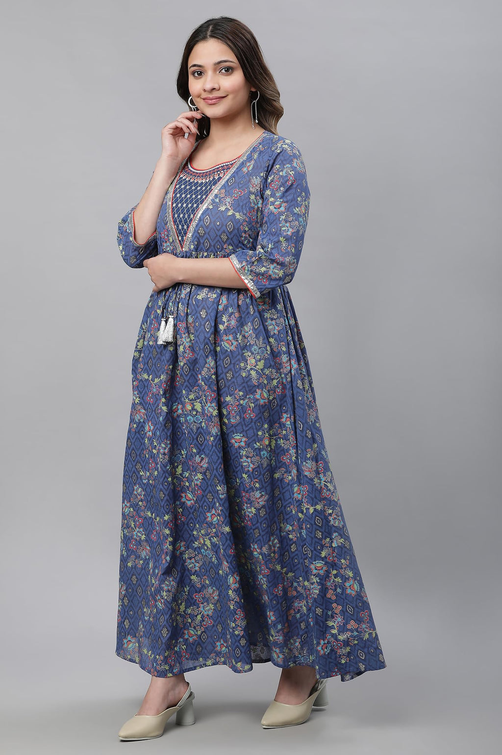 Aurelia Blue Floral Printed Printed Cotton Embroidered Regular Kurta