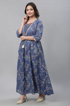 Aurelia Blue Floral Printed Printed Cotton Embroidered Regular Kurta