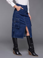 Miss Chase WomenS Straight Fit High Rise Midi Denim Skirt With Pockets (Mcss24Den11-14-71-26, Blue, 26)