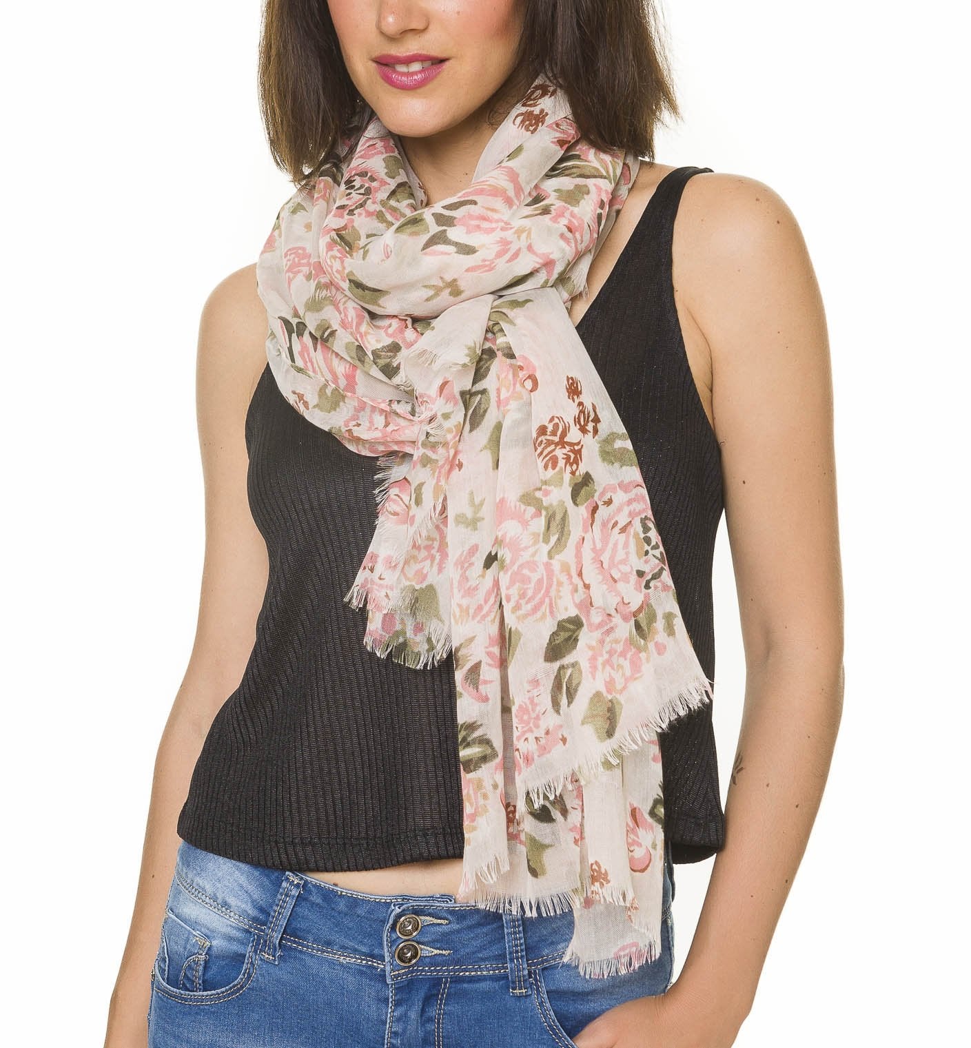MIMOSITO Scarfs for Women Lightweight Floral Flower Fall Winter Fashion Wrap Shawl (Beige Pink Rose)