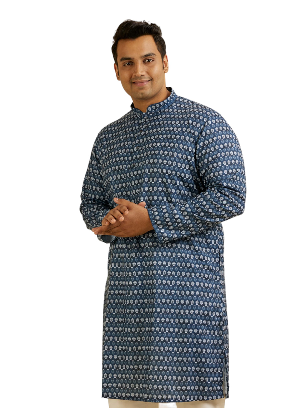 Manyavar Mens Cotton Blend Self-Design Kurta (Blue,03XL)