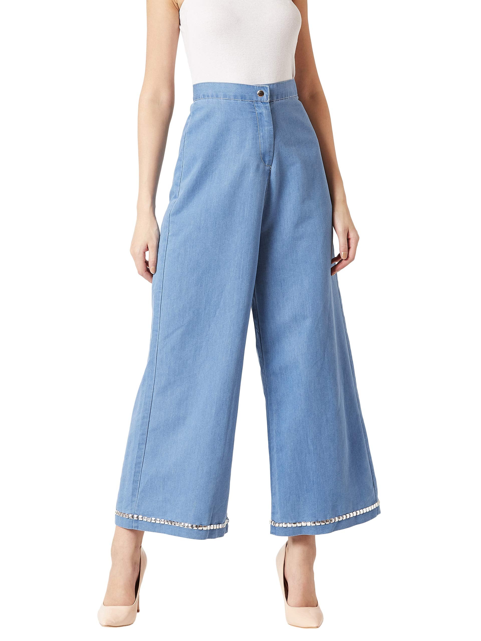 Miss Chase WomenS Blue Flared Wide-Leg Silver Lace Denim Pants(Mcaw18Den07-05-115-30,Blue,30)
