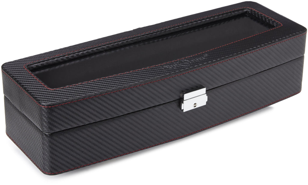 Diplomat 31-447 Carbon Fiber Six Watch Case with Black Suede Interior and See Through Top Watch Case