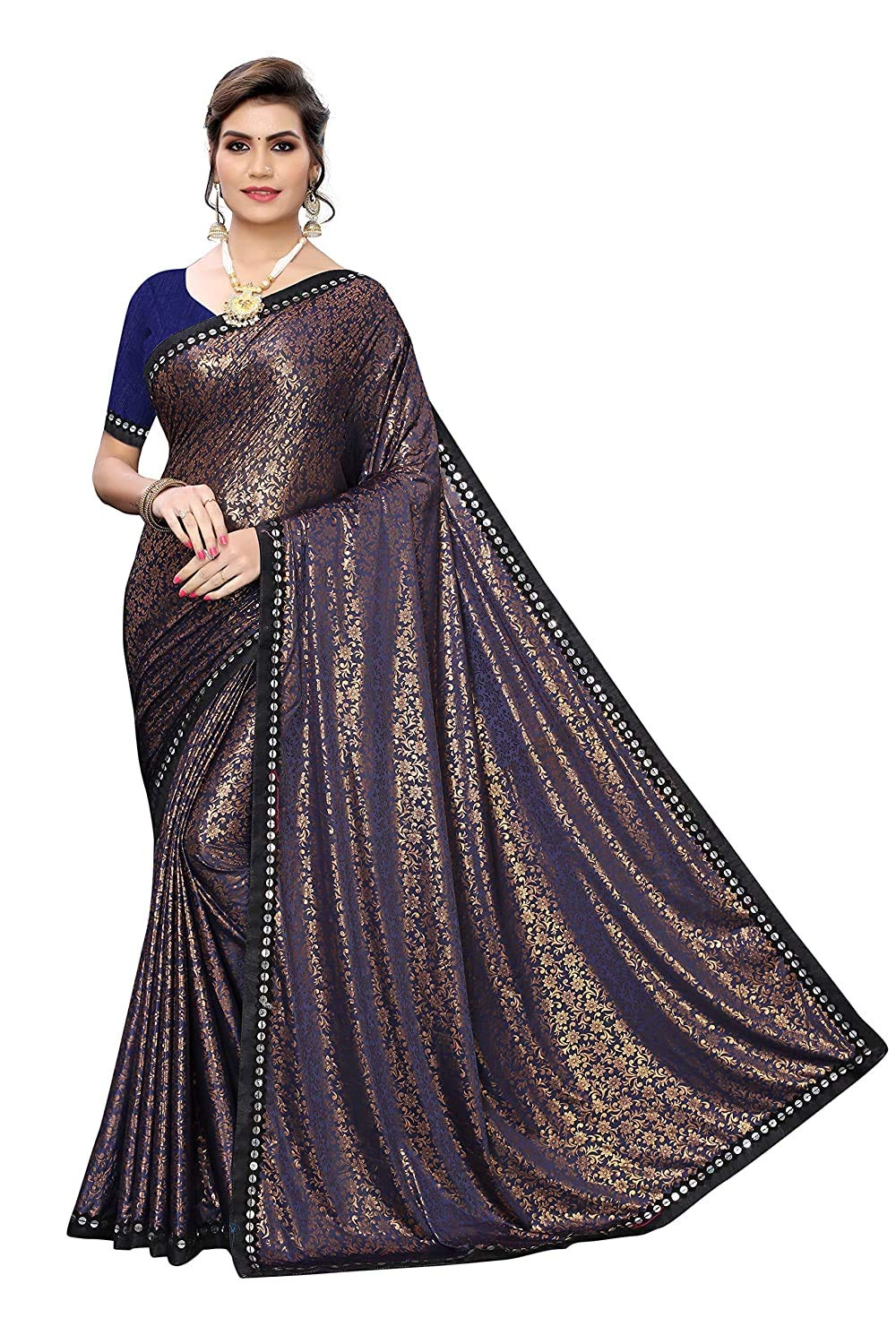Anni Designer Black Color Lycra Golden Flower Print Saree With Blouse Piece (MITHUNJAY_BLACK_Free Size)
