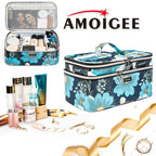 AMOIGEE Double Layer Makeup Train Case - Travel Bag Organizer for Makeup Brushes, Bottles, Palettes, Sponges and Cosmetics