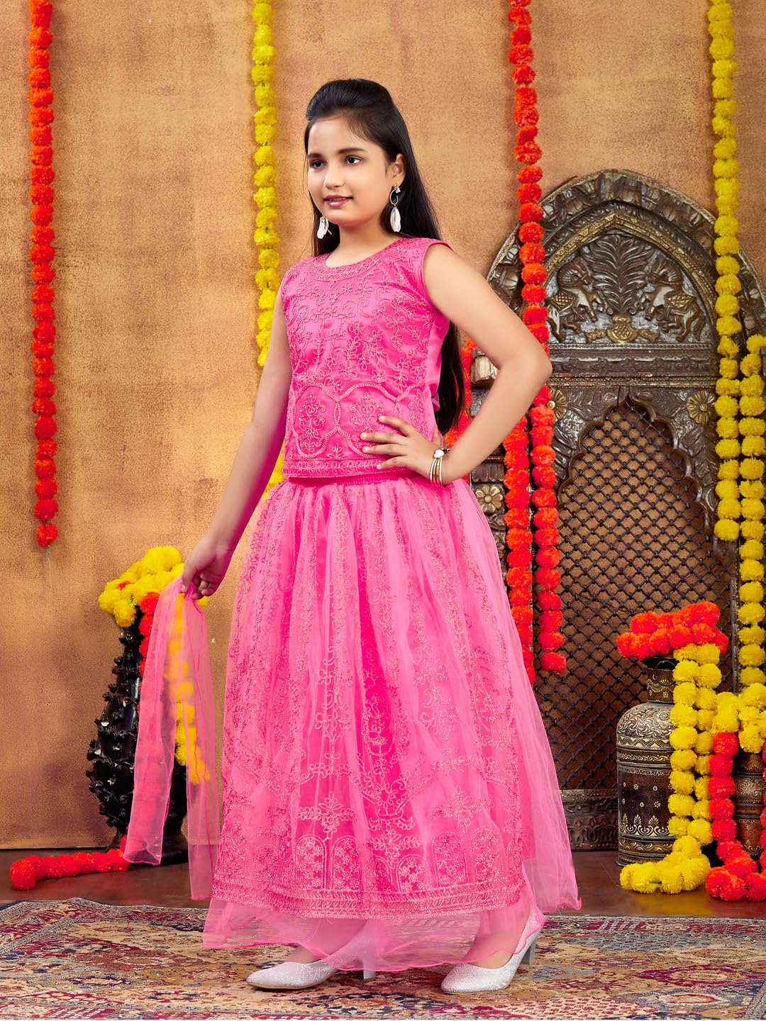 Aarika Girls Ethnic Wear Gajri Colour Thread Embroidery Net Lehenga Choli Set (4-10 Years)